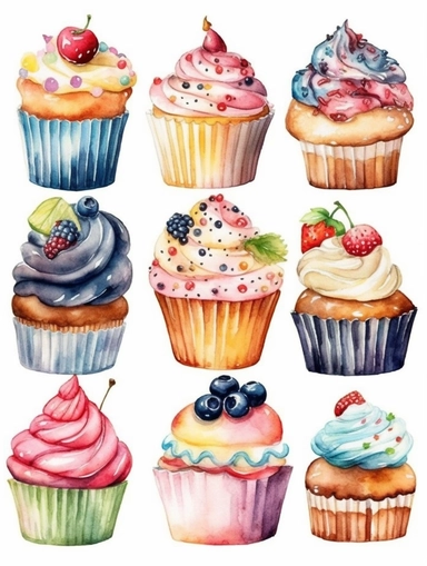 Watercolor clipart set with white background, cupcake, cute and adorable, flat design, clearly defined separated image, high quality
