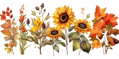 Watercolor fall illustration clipart set. Hand painted autumn leaves, sunflower, rowan berries, mushrooms, orange maple leaves, oak leaf. Compositions for card, DIY elements transparent background wallpaper,