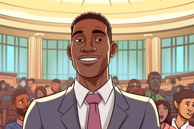 cartoon black man-court worker on the background of a clipart, in the style of the Quito school, #vfxfriday, surprisingly absurd, hd, female style, american barbizon school, strong lines