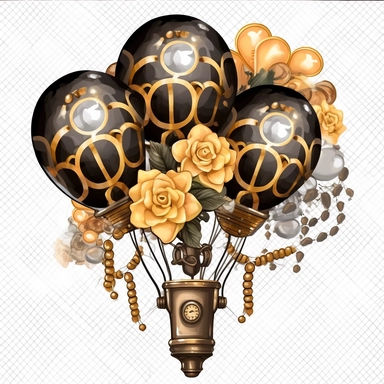 Steampunk Birthday Balloon Bouquet Clipart, black and gold colors, Steampunk, watercolor, sweet, happy, high resolution, transparent white background no captions