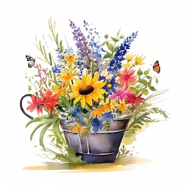 Watercolour Meadow-Inspired bouquet Extra large, Create a meadow-inspired arrangement by combining native UK and American flowers that bloom in meadows, Mix cowslips, cornflowers, and red campions from the UK with black-eyed Susans, goldenrods, and butterfly weeds from Americaplanted in a Metal wheelbarrow watercolour flower arrangement, clipart, vector, intermingled with greenery, white background, no captions, no vase, flower bed setting, aspect 2:2 repeat 5
