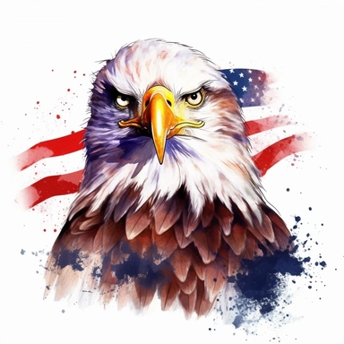 A Magical american eagle with the American flag illustration with white background, 4th July atmosphere, watercolor, oil, full colors, American flag behind, vectorized with white background, 8k, white background Sublimation Clipart,Cartoon,hyper realistic, intricate detail, illustration style,high solution,on the white background