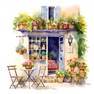 Clipart, watercolor, white background: A flower shop with a cozy seating area, inviting visitors to relax and enjoy the fragrant ambiance while surrounded by nature's beauty.
