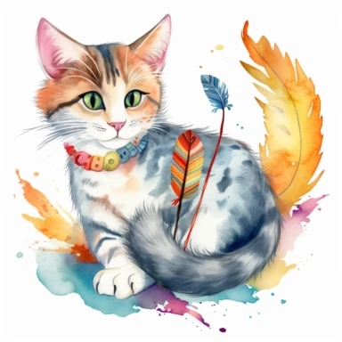 Playful watercolor clipart of a cute cat with a feather toy, capturing the playful and fun side of pets, with vibrant colors and intricate details, perfect for a mug design, delightful and charming, high-quality illustration, hand-painted with love, a great addition to any project.