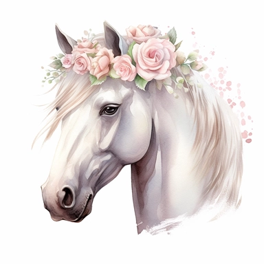 Isolated on a white background, in a feminine style that is populair on Etsy, white horse with baby pink roses on her head decorated for wedding, high resolution, highly detailed, watercolor clipart illustration, soft pastel color theme, baby pink, 8k UHD isolated image on white background, hyper - realistic high definition