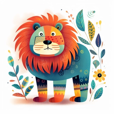 a cute colorful lion Gouache Folk Illustrations Clipart