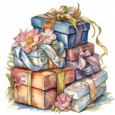 insanely beautiful pile of 3 gift packages , in the style of beatrice potter and jody Bergsma,32k uhd, hand-painted details, pastoral illustrations, amazing colour combinations , aquarellist, hd , white background clipart ,-- no watermark--ar 27:37