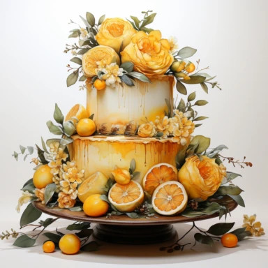 Yellow wedding cake, high level watercolor, hyper realistic cartoon, white background, 8k, ultra detailed clipart