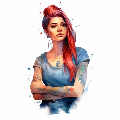 watercolor style, a beautiful girl with clearly visible tattoos, type of a creative person: graphic designer, freelancer, fashion designer, content manager or similar. Expressing freedom and self confidence. Modern and bold look. Realistic colors. Realistic picture. Fashionable bold clothes. Clipart, isolated on white background, 4K