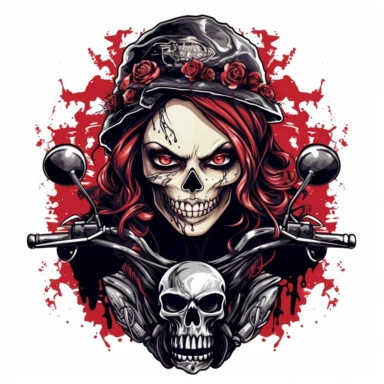 skull headed and skull faced female motorcyclist on a harley looking very tough and hardened with shining red eyes wearing a lot of jewelry white background clipart c 100