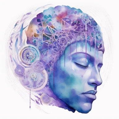 watercolor clipart of man, closed eyes, 3rd eye awakening, intricate sacred geometrical patterns, sparkles, vibrant teals and purples, on white background