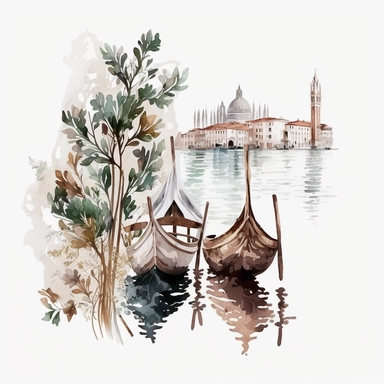 white background, Watercolor city Venice with gray little gondolas and eucalyptus leaves clipart, hd