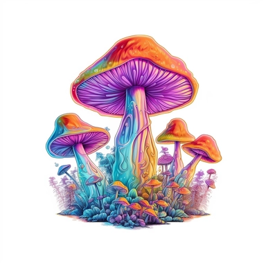 clipart mushroom in forrest, Psychedelic art, Acid Art, high resolution, neon rainbow colored, white background