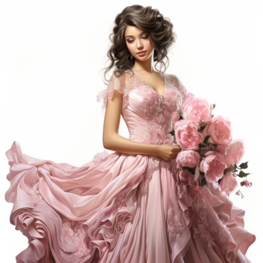 Victorian lady, soft pink gown, full-body length, sophistication, grace, smile, clipart, white background, intricate detail