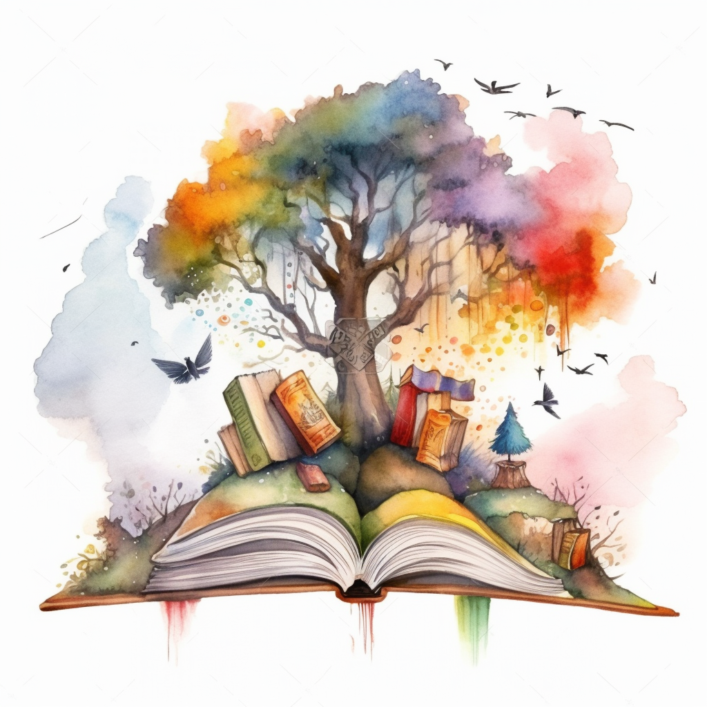 Watercolor Fantasy open Books Clipart with fantasy castlle, birds ...