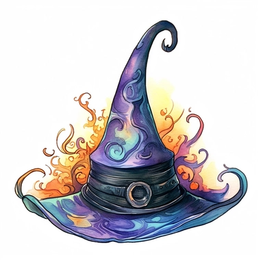 Witch hat, Halloween, style by Lusy Fleming, folk art, watercolor, clipart elements, smooth gradients, black contour outline, ultra detailed, white background, super clear, high quality