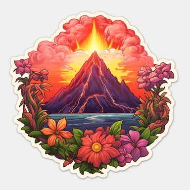 volcano erupting, close up, a sticker, artwork of t shirt graphic of majestic forest, in digital painting style , beautiful flowers, sunset mountains and clouds , big vines, stone temple covered in vines, white background, colorful fantasy flower surround, highly detailed clean, vector image, photorealistic masterpiece, professional photography, realistic, flat white background, isometric, vibrant vector, clipart, illustration, realism, 4k, , cinematic, front view, white background, paradise, ex