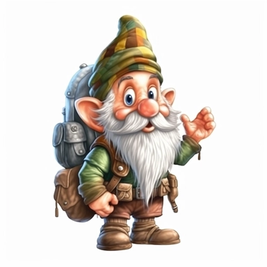 very cute vintage gnome with a ancient backpack, hiking, cartoon style, clipart on white background, ultra sharp, 8k