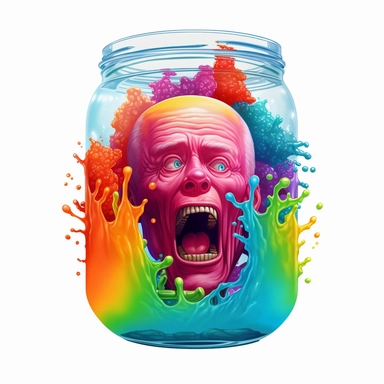 very detailed, ultra realistic scared joe biden stuck inside the rainbow koolaid jar, reaching his hand outside the jar for help, rainbow colors, help me, another dimension, shocked, scared, realistic psychedelic humaniod, vibrant rainbow color, highly detailed, scifi, trippy, rick and morty, highly realistic human, vector, tshirt design, blank white background, vector clipart
