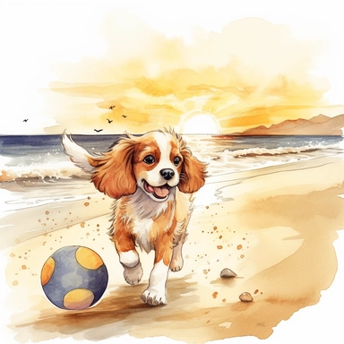 create a beautiful detailed and original watercolor clipart image of a happy and adorable king charles cavalier puppy with loving eyes on a sandy beach chasing a volleyball with pawprints following behind the puppy, include a silhouette of a sailboat in the background, include a sunset, white background, no text, no font, no words