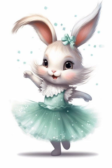a cute bunny in a light teal dance tutu twirling, cartoon, clipart, white background with starts