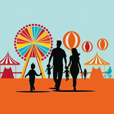 a family walking towards a carnival in the distance in a very simple cartoon clip art art style, HD, cartoon, graphic, clip art, simple, fun, clean, sharp,