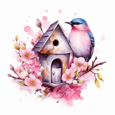 clipart, isolated on white background, beautiful cute Watercolor Spring bird Feeder, flowers and branches and leaves, ornated, pastel colors