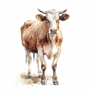 clipart, Watercolour, hand drawn, highly realistic, muted tones, beautiful, country farm cow, whole cow standing, white background, just cow looking at the camera nothing else