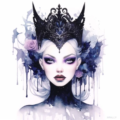 watercolor Evil Queen, beautiful but wicked queen with a black cloak, a crown, and a magic mirror, beautiful face, clipart, white background, by Natalie Shau, by Kawacy