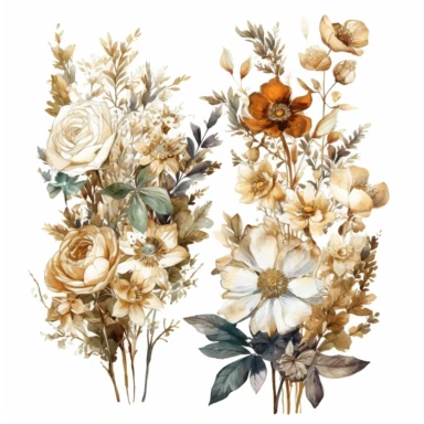 intricate three small bouquets of different white wild fall flowers with golden detail watercolor clipart, luxurious textures, nature-inspired pieces, very high resolution, white background