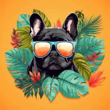A delightful French Bulldog illustration clipart, depicting a French Bulldog with a curious expression, wearing a pair of stylish sunglasses, and surrounded by vibrant tropical leaves, capturing the spirit of adventure and a laid-back attitude, Illustration, digital art, with bold and tropical colors