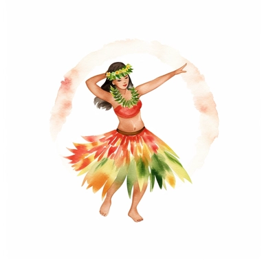 Watercolor A traditional hula dancer in a grass skirt and flower lei clipart, Minimalist, isolated white background, 8k