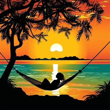 Design clipart featuring a breathtaking Thai beach at sunset with a woman enjoying a floral-decorated hammock Descriptive Keywords: Thai beach, sunset, woman, hammock, floral decorations, breathtaking view Style of Photograph: Ultra high definition, vibrant and colorful floral elements, lively and immersive scene