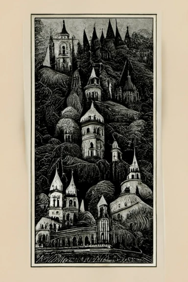 Beautiful detailed Transylvania vintage illustration postcard, engraving, clipart style victorian gothic illustration, photo realistic gothic illustration, art in the style of mc scher winifred luten paul poire and albrecht durer, black ink sketch, black and white, vector, vector illustration