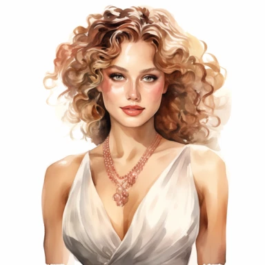 Illustrate a watercolor clipart portrait of a glamorous young model with curly hair, dressed in an elegant evening gown, and accessorized with sparkling jewelry, perfect for a red carpet event clipart, white background