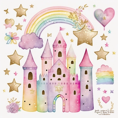 rainbow pastel princess castle, large rainbow, gold star, pink star, hearts, flowers, roses, plastercine, soft watercolour light, clipart svg white background