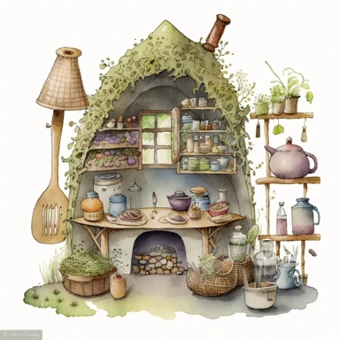 A hyper - detailed illustration watercolor clipart of a whimsical kitchen of a fairy house built out of natural materials by a human, complete kitchen utensil and kitchenware and foods in preparation watercolor illustration, illustration style a combination of Beatrix Potter and Tove Jansson, isolated on white background with margins, cut - out images, zoom on table , close up view