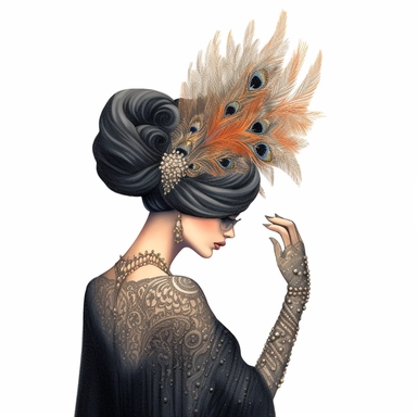 A stylish fashion girl, wearing an exquisite Haute Couture gown with intricate beading and a dramatic train, gracefully raises a gloved hand to her ornate fascinator, her face turned away from the viewer. Clipart, color pencil illustration.