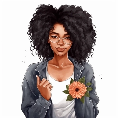 ultra detailed Black Girl Self Love Clipart, solid white background, cozy outfit, beautiful hair, super cute , super hot, self love, peaceful, floral heart, watercolor, floral, contour, PHOTOREALISM portrait , by ANIMATION