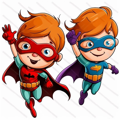 clipart of two kid superheroes flying and waving goodbye, cartoon