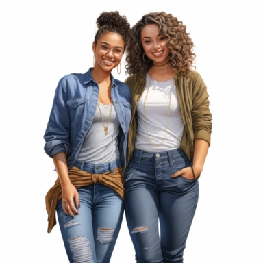 realistic illustration of two female african american friends standing very close to each other. Ladies are wearing denim jeans and a short top, belly is visible, modern look. Clipart, isolated on white background, 4K