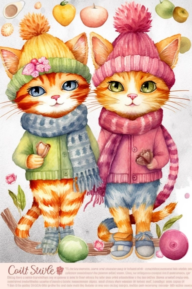 watercolor Clipart, couple Cats in knitted clothes, Cartoon–cute or childlike, Whimsical illustrations, charming, childlike, carefree, dreamy, fun and colorful, cute, watercolor, hand-drawn, digital painting, soft lighting, bird's-eye view, seed1