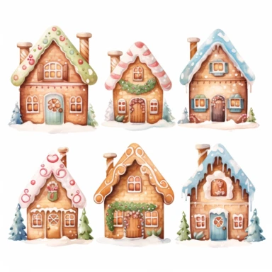 very simple watercolour childrens book style drawing of different cute gingerbread houses, pastel colours soft on white background for clipart, 8k