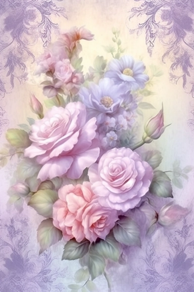 Vintage shabby damask clipart vignette with delicate floral patterns along the sides and corners of the image, small cute bright oil painting vignette with beautiful roses and blooming lilacs, light pastel tones in the center of the image,