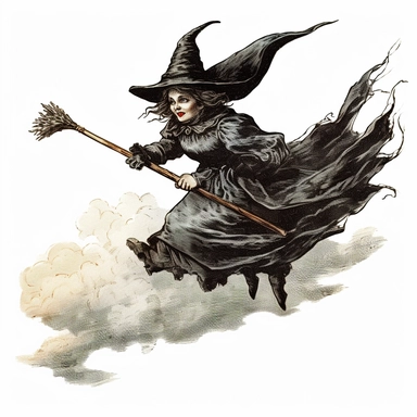 drawing of a witch on a broom, vintage illustration, clipart, clean white background