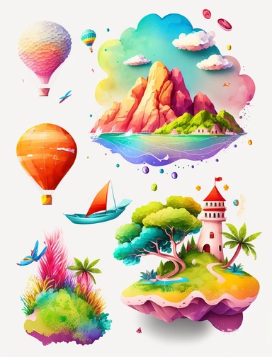 watercolor 2d flying islands elements, clipart, vibrant rainbow colors, white background, 8k, high reso