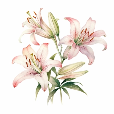 watercolor lily flowers and leaves clipart,tiny, long branches,hd, on white background, space out