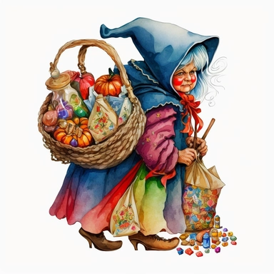 la befana the Italian christmas witch, bag of toys, sweets, folklore, watercolor, white background, clipart