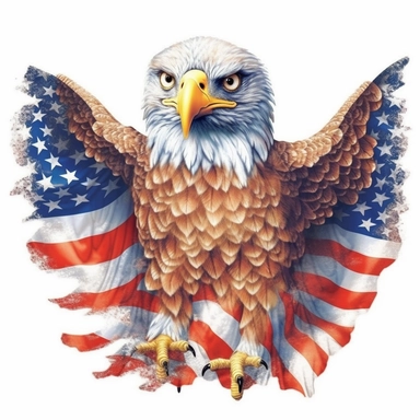 digital clipart, solid white background, a realistic golden flying eagle wearing 4th July apparel