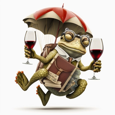 studious toad with glasses and red wine in his hand while parachuting from the Eifel tower, vintage, funny, white background, clipart, no shadows, caricature